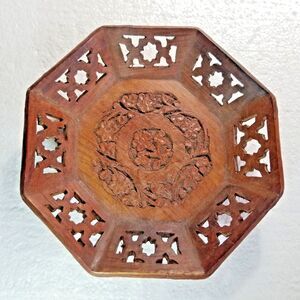 Wood Carved Dish Floral & Cutout Design Footed Farmhouse Rustic Cottage